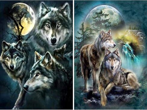 مجموعة طلاء ألماس من قطعتين 5D للمثقاب الكامل الذئاب، أطقم طلاء أحجار الراين الماسية من يونيم داي للبالغين والأطفال فنون الماسية الحرف 12 × 16 بوصة (مجموعات طلاء الماسي والقمر والذئب) in Kuwait