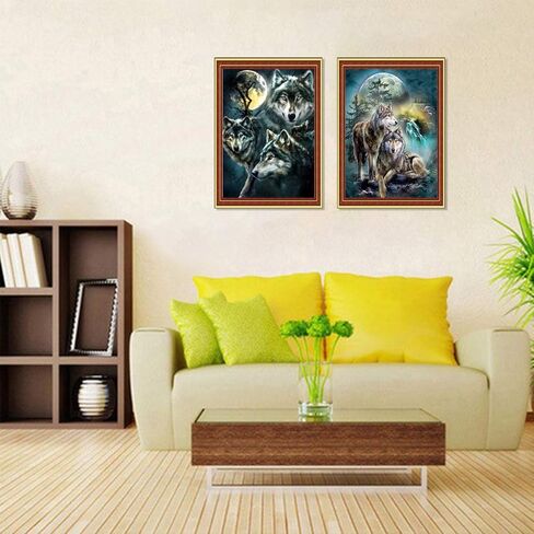 مجموعة طلاء ألماس من قطعتين 5D للمثقاب الكامل الذئاب، أطقم طلاء أحجار الراين الماسية من يونيم داي للبالغين والأطفال فنون الماسية الحرف 12 × 16 بوصة (مجموعات طلاء الماسي والقمر والذئب) in Kuwait