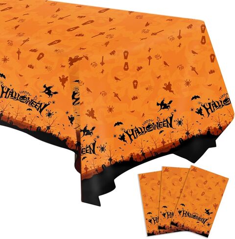SANBADA 3 قطع مفرش طاولة الهالوين، مستلزمات حفلات الهالوين 2023، ديكورات حفلات الهالوين 2023، ديكورات طاولات الهالوين 2023، مفرش طاولة بلاستيكي كبير الحجم 108 بوصة × 54 بوصة in Kuwait