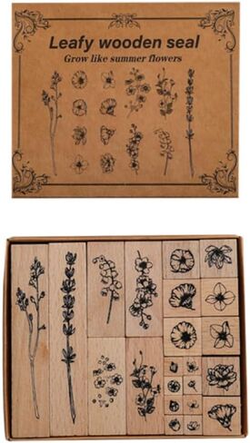 DAVANPAL 22 PCS Flowers Plants Wood Rubber Stamps Set, Natural Wooden Scrapbook Stamp Decorative Rubber Stamps for DIY Craft Card, Journal, Letters, Diary, Gift Card Making (Flowers(22Pcs)) in Kuwait