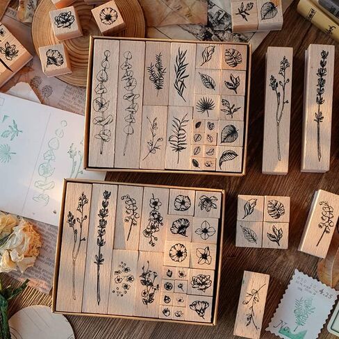 DAVANPAL 22 PCS Flowers Plants Wood Rubber Stamps Set, Natural Wooden Scrapbook Stamp Decorative Rubber Stamps for DIY Craft Card, Journal, Letters, Diary, Gift Card Making (Flowers(22Pcs)) in Kuwait