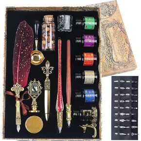 لوتكي مجموعة حبر قلم ريشة تتضمن قلم ريشة وقلم غمس خشبي وقلم غمس زجاجي و6 زجاجات حبر و8 ورق حروف و1 ظرف و17 سن قابل للاستبدال وزجاجة شمع ورنيش النار in Kuwait