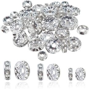 TOAOB 200pcs Rondelle Spacer Beads 6mm 8mm 10mm Round Crystal Czech Loose Spacer Beads Silver Rhinestone Charms Beads with Elastic String for DIY Crafts Jewelry Making Necklace Bracelet