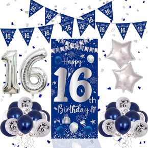 16th Birthday Decorations for Boys Girls, Blue Silver Happy 16th Birthday Decorations Door Banner 32" Number 16 Foil Balloon 33PCS Balloons Triangle Flag Sweet 16 Year Old Birthday Party Sign Supplies