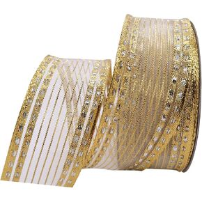 LATUROP 25 Yards/Roll 1.5 inch Wire Edged Gold Stripes Organza Ribbon for Decoration Gift Wrapping DIY Bow in Kuwait