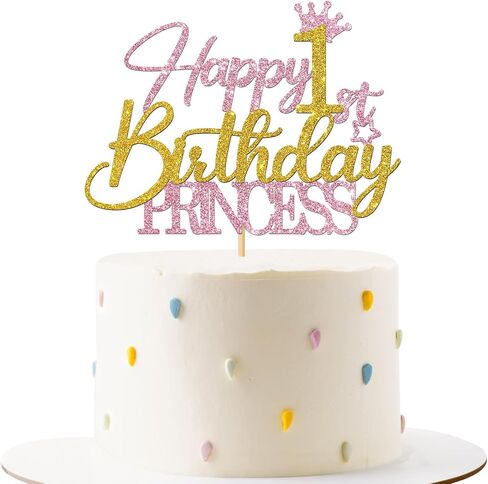 Princess 1st Birthday Cake Topper - Happy 1st Birthday Cake Supplies for Girl - Baby Girl One Year Old Birthday Party Decorations - Pink & Gold Glitter (1st) in Kuwait