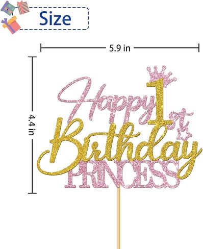 Princess 1st Birthday Cake Topper - Happy 1st Birthday Cake Supplies for Girl - Baby Girl One Year Old Birthday Party Decorations - Pink & Gold Glitter (1st) in Kuwait