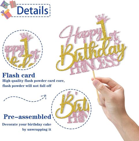 Princess 1st Birthday Cake Topper - Happy 1st Birthday Cake Supplies for Girl - Baby Girl One Year Old Birthday Party Decorations - Pink & Gold Glitter (1st) in Kuwait