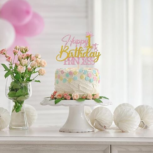 Princess 1st Birthday Cake Topper - Happy 1st Birthday Cake Supplies for Girl - Baby Girl One Year Old Birthday Party Decorations - Pink & Gold Glitter (1st) in Kuwait