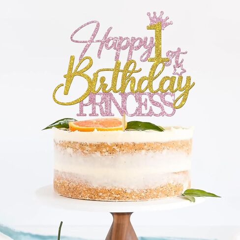 Princess 1st Birthday Cake Topper - Happy 1st Birthday Cake Supplies for Girl - Baby Girl One Year Old Birthday Party Decorations - Pink & Gold Glitter (1st) in Kuwait