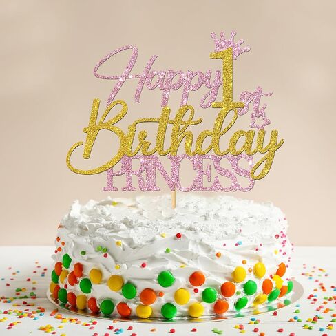 Princess 1st Birthday Cake Topper - Happy 1st Birthday Cake Supplies for Girl - Baby Girl One Year Old Birthday Party Decorations - Pink & Gold Glitter (1st) in Kuwait
