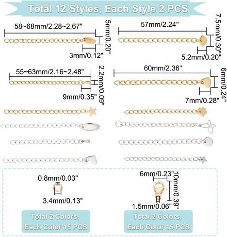 24 قطعة من UNICRAFTALE 2.22-3.03 بوصة (56-77 مم) سلسلة توسيع لا تسبب الحساسية مع 30 قطعة من مشابك مخلب جراد البحر 30 قطعة خواتم قفزة جراحية من الفولاذ المقاوم للصدأ in Saudi Arabia