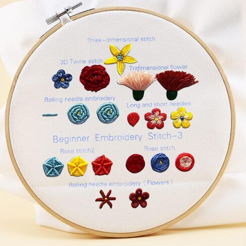 مجموعة تمارين التطريز للمبتدئين من 3 مجموعات من التطريز لتعلم 30 غرزة مختلفة لخياطة اليد لعاشقي الأعمال الحرفية مع قماش مطرز مع تقنيات مهارات التطريز للبالغين والأطفال in Kuwait