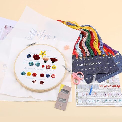 مجموعة تمارين التطريز للمبتدئين من 3 مجموعات من التطريز لتعلم 30 غرزة مختلفة لخياطة اليد لعاشقي الأعمال الحرفية مع قماش مطرز مع تقنيات مهارات التطريز للبالغين والأطفال in Kuwait