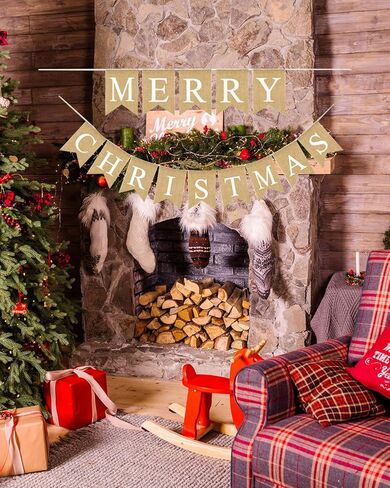 Merry Christmas Banner Burlap,Tawecrew Christmas Swallowtail Bunting Garland Banner, Xmas Party Decorations for Home Wall Fireplace Party Favors Supplies in Kuwait