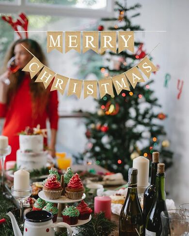 Merry Christmas Banner Burlap,Tawecrew Christmas Swallowtail Bunting Garland Banner, Xmas Party Decorations for Home Wall Fireplace Party Favors Supplies in Kuwait