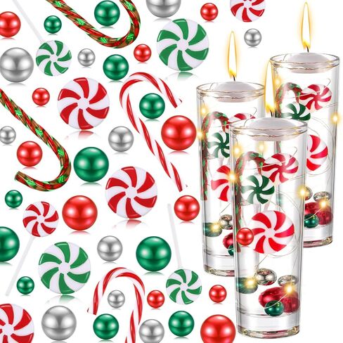 Lauwell 5127 Pcs Christmas Vase Fillers Set Include 60 Faux Pearls Vase Filler Beads Gems 52 Acrylic Candies Decor 12 Candy Cane 3 LED String Lights for Christmas Table Parties Birthday Home Decor in Kuwait
