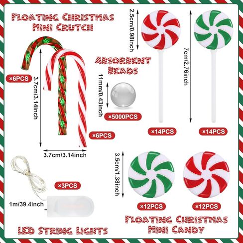 Lauwell 5127 Pcs Christmas Vase Fillers Set Include 60 Faux Pearls Vase Filler Beads Gems 52 Acrylic Candies Decor 12 Candy Cane 3 LED String Lights for Christmas Table Parties Birthday Home Decor in Kuwait