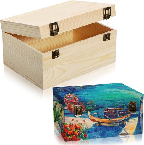 2 Pcs Unfinished Wood Box Natural Large Wooden Box 13 x 9.8 x 6.3 in, 10.6 x 7.9 x 5.5 in Pine Art Storage Boxes with Hinged Lid and Front Clasp for DIY Craft Hobbies Home Jewelry Keepsake Treasure in Saudi Arabia