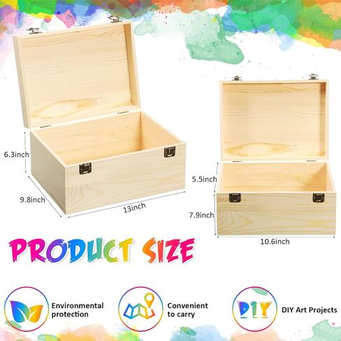 2 Pcs Unfinished Wood Box Natural Large Wooden Box 13 x 9.8 x 6.3 in, 10.6 x 7.9 x 5.5 in Pine Art Storage Boxes with Hinged Lid and Front Clasp for DIY Craft Hobbies Home Jewelry Keepsake Treasure in Saudi Arabia