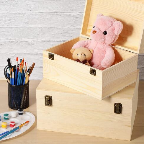 2 Pcs Unfinished Wood Box Natural Large Wooden Box 13 x 9.8 x 6.3 in, 10.6 x 7.9 x 5.5 in Pine Art Storage Boxes with Hinged Lid and Front Clasp for DIY Craft Hobbies Home Jewelry Keepsake Treasure in Saudi Arabia