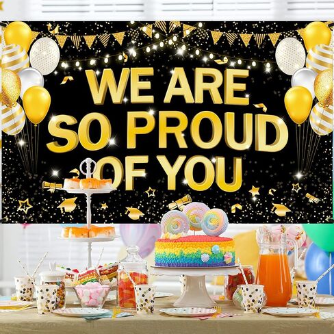 لافتة نحن فخورون جدًا بك مقاس 72 × 44 بوصة، ديكورات خلفية تهنئة، لافتات كبيرة باللونين الأسود والذهبي، لافتات التخرج، فئة 2023، مستلزمات خلفية لحفلات التخرج in Kuwait