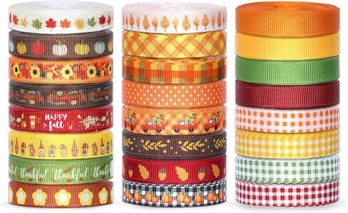 Whaline 24 Rolls Fall Ribbons Pumpkin Maple Buffalo Plaids Leaves Printed Grosgrain Ribbons Autumn Harvest Thin Ribbons for Fall Craft Gift Wrapping Holiday Wedding Festival Season Party, 120 Yards in Saudi Arabia
