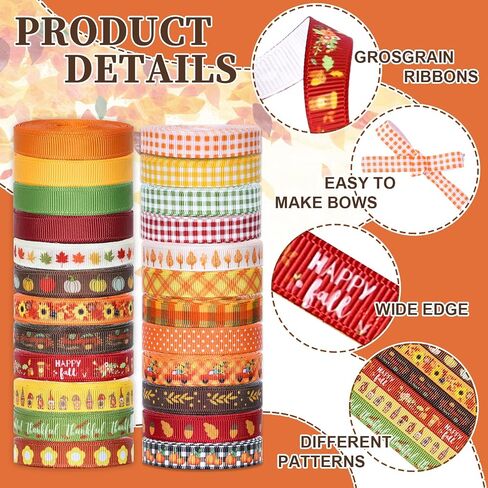 Whaline 24 Rolls Fall Ribbons Pumpkin Maple Buffalo Plaids Leaves Printed Grosgrain Ribbons Autumn Harvest Thin Ribbons for Fall Craft Gift Wrapping Holiday Wedding Festival Season Party, 120 Yards in Saudi Arabia