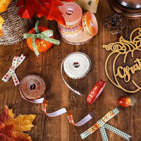 Whaline 24 Rolls Fall Ribbons Pumpkin Maple Buffalo Plaids Leaves Printed Grosgrain Ribbons Autumn Harvest Thin Ribbons for Fall Craft Gift Wrapping Holiday Wedding Festival Season Party, 120 Yards in Saudi Arabia
