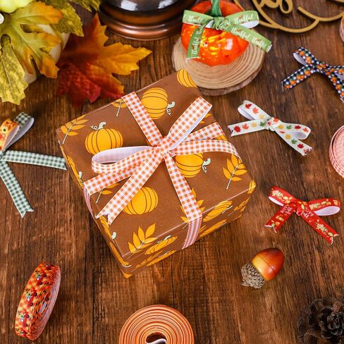 Whaline 24 Rolls Fall Ribbons Pumpkin Maple Buffalo Plaids Leaves Printed Grosgrain Ribbons Autumn Harvest Thin Ribbons for Fall Craft Gift Wrapping Holiday Wedding Festival Season Party, 120 Yards in Saudi Arabia