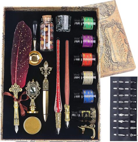 لوتكي مجموعة حبر قلم ريشة تتضمن قلم ريشة وقلم غمس خشبي وقلم غمس زجاجي و6 زجاجات حبر و8 ورق حروف و1 ظرف و17 سن قابل للاستبدال وزجاجة شمع ورنيش النار in Kuwait