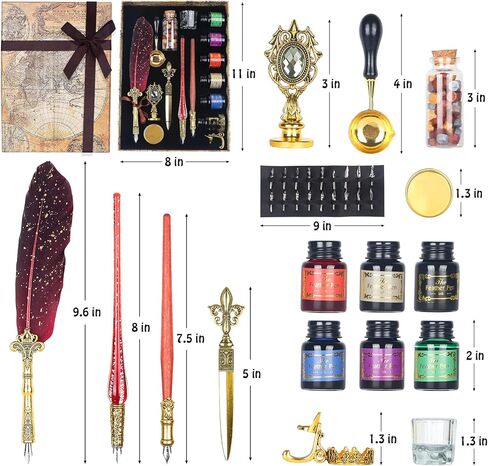 لوتكي مجموعة حبر قلم ريشة تتضمن قلم ريشة وقلم غمس خشبي وقلم غمس زجاجي و6 زجاجات حبر و8 ورق حروف و1 ظرف و17 سن قابل للاستبدال وزجاجة شمع ورنيش النار in Kuwait