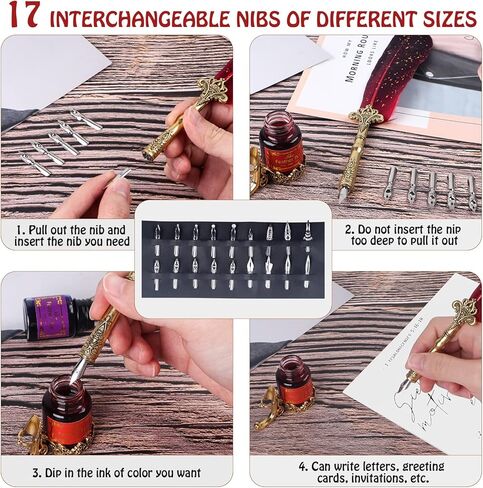 لوتكي مجموعة حبر قلم ريشة تتضمن قلم ريشة وقلم غمس خشبي وقلم غمس زجاجي و6 زجاجات حبر و8 ورق حروف و1 ظرف و17 سن قابل للاستبدال وزجاجة شمع ورنيش النار in Kuwait
