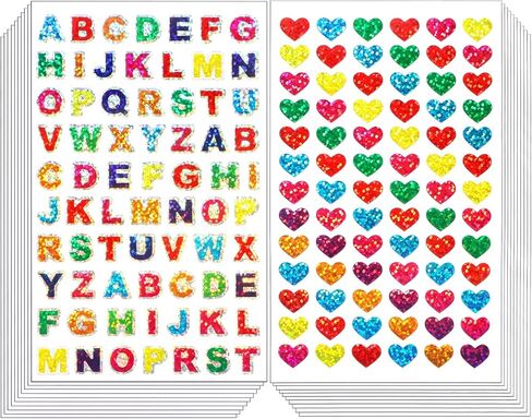 BENBO 40 Sheets Glitter Alphabet Heart Stickers, Self-Adhesive Glitter Heart Shaped Stickers Shiny Letter Stickers Colorful Valentine's Day Love Decorative Sticker for Scrapbooking in Kuwait