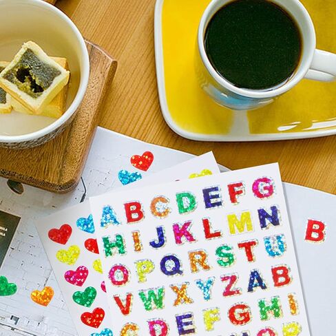 BENBO 40 Sheets Glitter Alphabet Heart Stickers, Self-Adhesive Glitter Heart Shaped Stickers Shiny Letter Stickers Colorful Valentine's Day Love Decorative Sticker for Scrapbooking in Kuwait