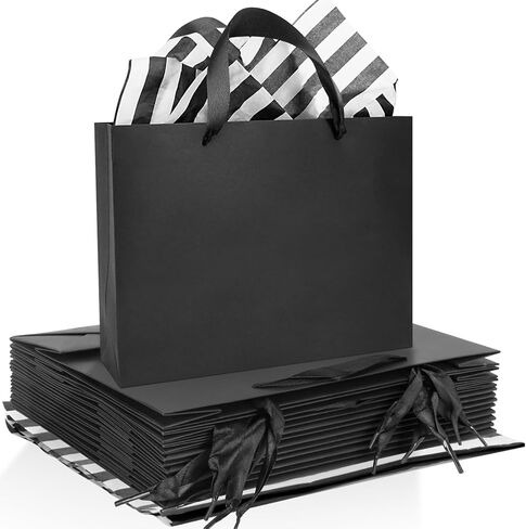 Rcybeo 15 Pack 10.6x3.1x8.3 Inch Black Gift Bags, Black Paper Bags with Tissue Paper, Black Gift Bags with Ribbon Handles for Retail, Grocery, Boutique, Wedding, Birthday, Party Supplies and Gifts in Kuwait