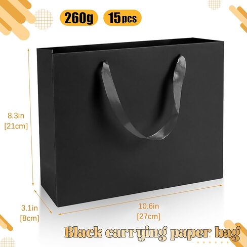 Rcybeo 15 Pack 10.6x3.1x8.3 Inch Black Gift Bags, Black Paper Bags with Tissue Paper, Black Gift Bags with Ribbon Handles for Retail, Grocery, Boutique, Wedding, Birthday, Party Supplies and Gifts in Kuwait