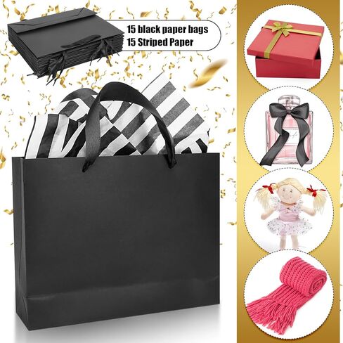 Rcybeo 15 Pack 10.6x3.1x8.3 Inch Black Gift Bags, Black Paper Bags with Tissue Paper, Black Gift Bags with Ribbon Handles for Retail, Grocery, Boutique, Wedding, Birthday, Party Supplies and Gifts in Kuwait