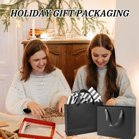 Rcybeo 15 Pack 10.6x3.1x8.3 Inch Black Gift Bags, Black Paper Bags with Tissue Paper, Black Gift Bags with Ribbon Handles for Retail, Grocery, Boutique, Wedding, Birthday, Party Supplies and Gifts in Kuwait