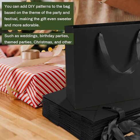 Rcybeo 15 Pack 10.6x3.1x8.3 Inch Black Gift Bags, Black Paper Bags with Tissue Paper, Black Gift Bags with Ribbon Handles for Retail, Grocery, Boutique, Wedding, Birthday, Party Supplies and Gifts in Kuwait