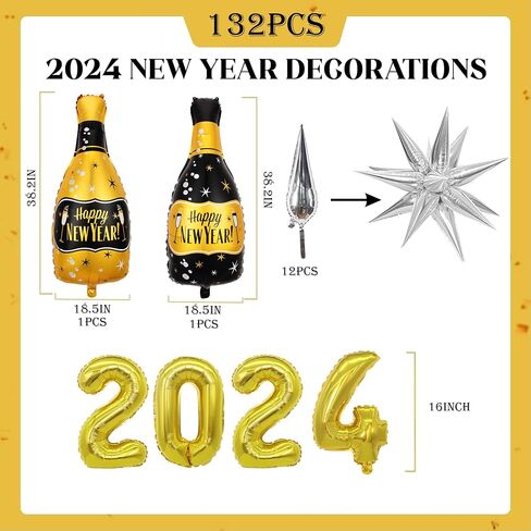 مجموعة بالونات قوس إكليل السنة الجديدة، زينة سنة جديدة سعيدة 2024 مع بالون فويل رقم 2024 بالون أسود وذهبي وفضي لتزيين ليلة رأس السنة الجديدة in Saudi Arabia