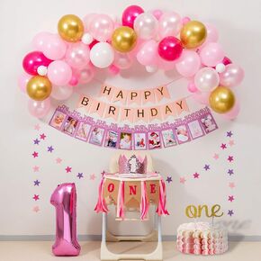 1st Birthday Girl Decorations and Pink&Gold Balloon garland kit for ONE Highchair Banner Decorations,Pink Crown,Happy Birthday Banner,12 Months Photo Banner,ONE Cake Topper,Number1 Girl Party Supplies