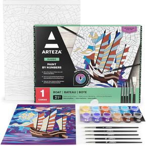 ARTEZA Paint by Number for Adults, 12x16 Inches, 21 Pieces, Floral Paint by Numbers Kit, Comes with 1 Canvas Panel, 12 Acrylic Paint Pots, 5 Paintbrushes, Art Supplies for Home & Office Wall Decor