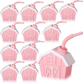 Tanlade 12 Pcs Farmhouse Cups with Lids and Straws, 10 oz Toy Farmhouse Cups for Farm Birthday Party, Barnyard Animals Party, Baby Shower Farm Animals Themed Party Decorations Supplies Favor (Pink)