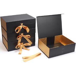 Giftgarden 4 عبوات من علب الهدايا باللونين الأسود والذهبي مقاس 30.48 سم × 22.86 سم × 10.16 سم مع شريط أغطية مغناطيسية، صندوق تغليف هدايا قابل للطي مزود بمغناطيس للهدايا، وحفلات الزفاف، وعيد الأم، وعيد الميلاد، واقتراح وصيفة العروس