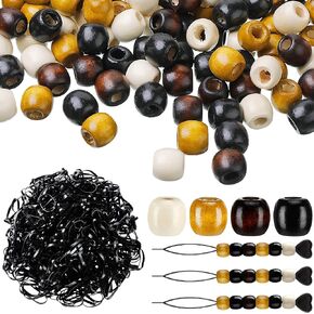 663 Pieces Wooden Hair Beads Set Including 160 Barrel Wood Beads European Wood Loose Beads, 500 Black Elastic Hair Bands with 3 Quick Beader (Light Brown, Brown,0.63 x 0.63 x 0.32 Inch)