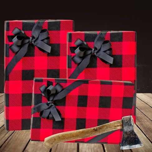 CAkeSupplyShop الاحتفالات الحمراء والأسود الجاموس منقوشة عطلة عيد الأب الرجال عيد الميلاد هدية التفاف ورقة 3.6 متر مطوية مع ملصقات in Kuwait