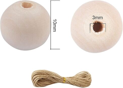 2000 قطعة من الخرز الخشبي 10 مم للحرف اليدوية مع خيوط الجوت، خرزات خشبية مستديرة طبيعية غير مكتملة للحرف اليدوية، إكليل الخرز، ديكور المزرعة، صناعة المجوهرات in Kuwait