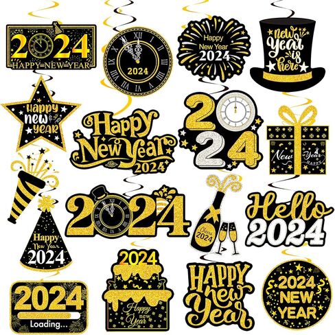 20Pcs Happy New Years Hanging Swirl Decorations 2023 Happy New Year Decorations 2023 New Years Eve Party Supplies 2023 Black and Gold New Years Foil Ceiling Decorations for Home 2023 New Years Party in Saudi Arabia