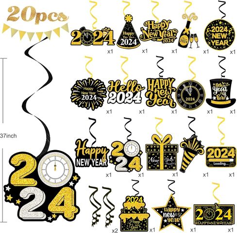 20Pcs Happy New Years Hanging Swirl Decorations 2023 Happy New Year Decorations 2023 New Years Eve Party Supplies 2023 Black and Gold New Years Foil Ceiling Decorations for Home 2023 New Years Party in Saudi Arabia
